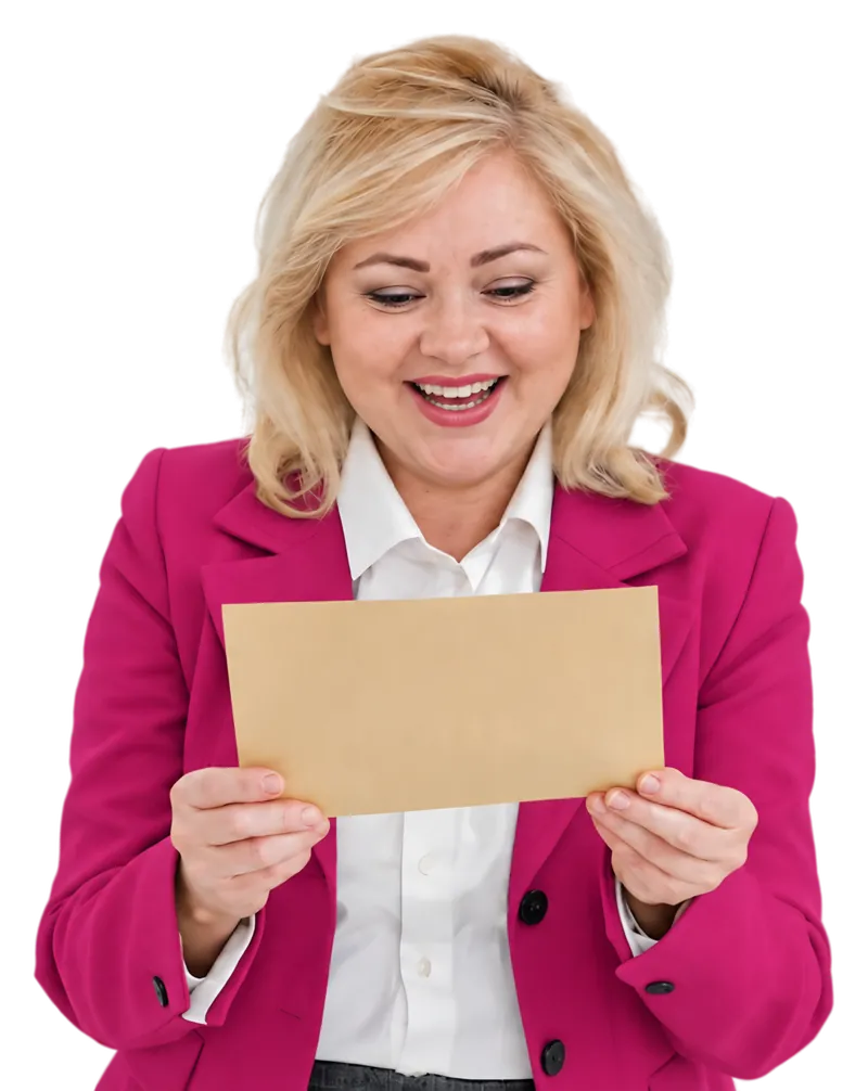 Imagen ilustrativa: Mujer rubia con americana fucsia que lee un sobre y sonríe; etiquetas «W-2» y «1099» y «Mis documentos».