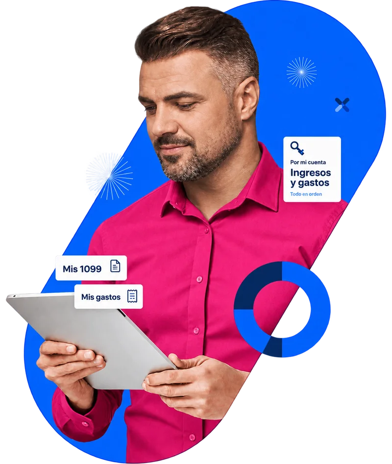 Imagen ilustrativa: Hombre con camisa fucsia revisa una tableta; tarjetas «Mis 1099», «Mis gastos» e «Ingresos y gastos».